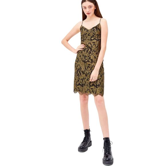 Lauren Ralph Lauren Gold Metallic Lace on Black Slip Dress Size 2 - Picture 3 of 16